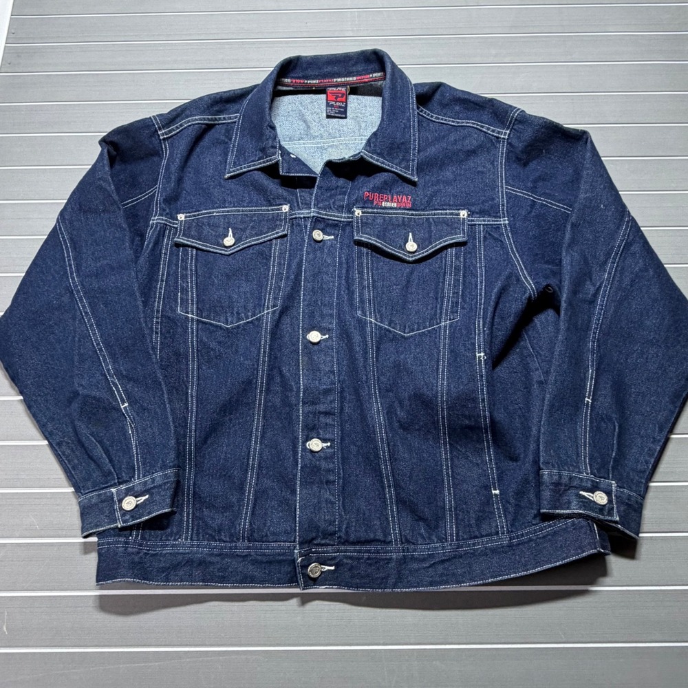 Pure Playaz P16 Series Denim Jacket XXL Vintage Blue Indigo Trucker Streetwear